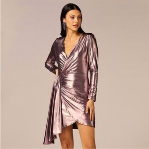 Cache Metallic Iridescent Pink Purple Surplice Wrap Liquid Shine Dress Sz 2
